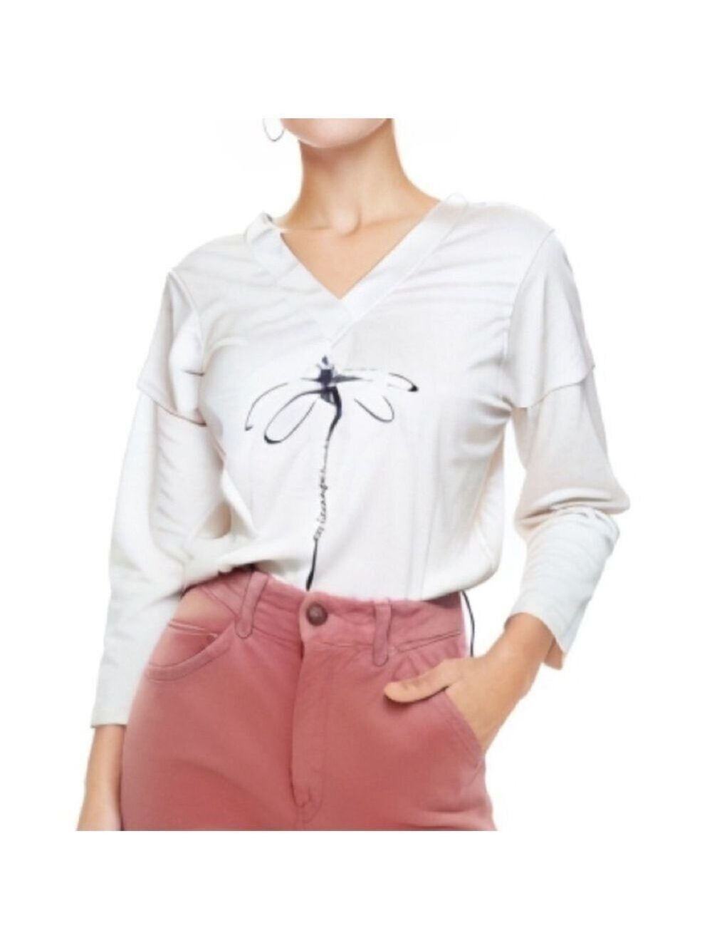 C.o.z.y Cotton Dragonfly Print Notch Neck T-Shirt, Casual Long Sleeve Top Sz L